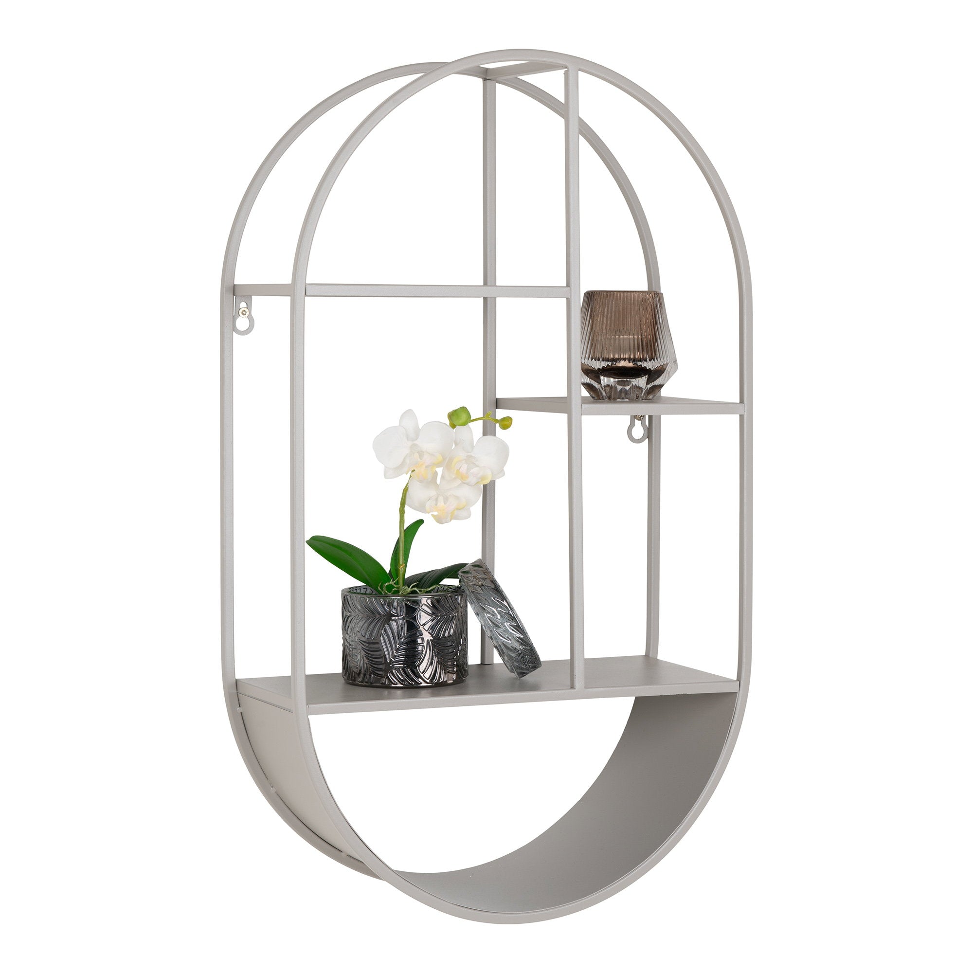Étagère murale Feira gris perle vue trois quarts avec orchidée et objets déco