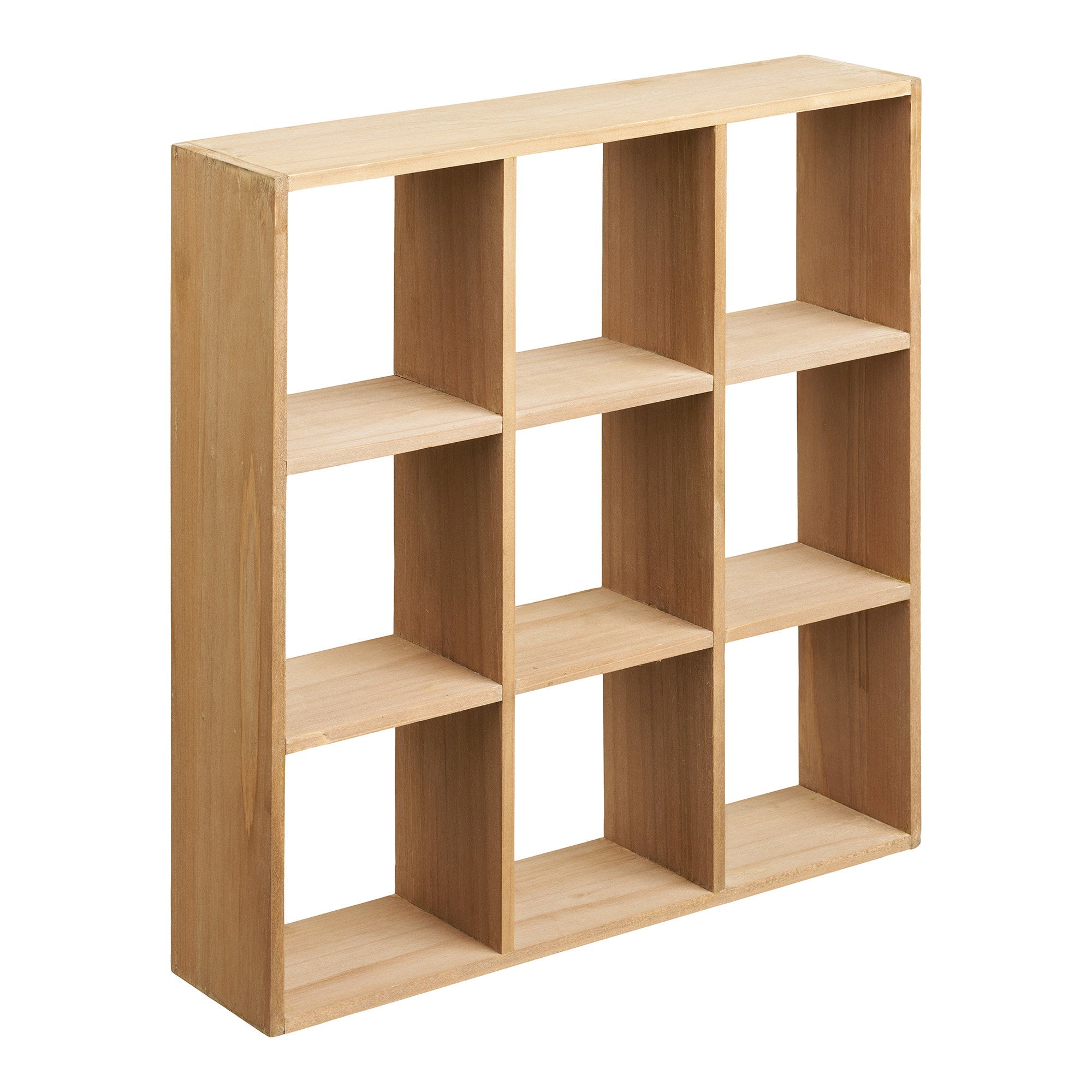 Étagère murale Moss pin naturel FSC 9 cases ouvertes grille 3x3 46x10x46 cm vue trois quarts