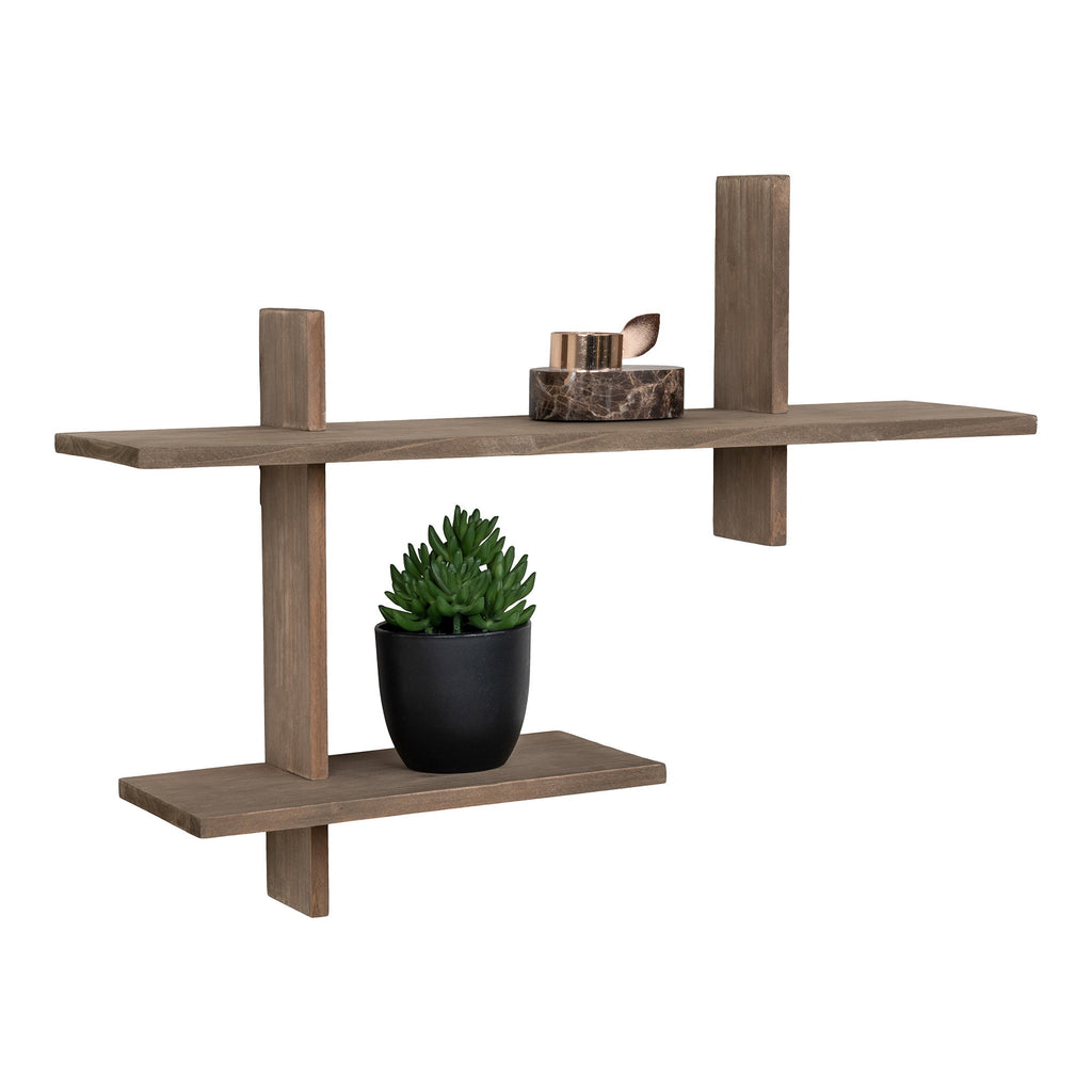 Étagère Ovada pin grisé avec plante succulente pot noir et bol cuivre marbre objets déco
