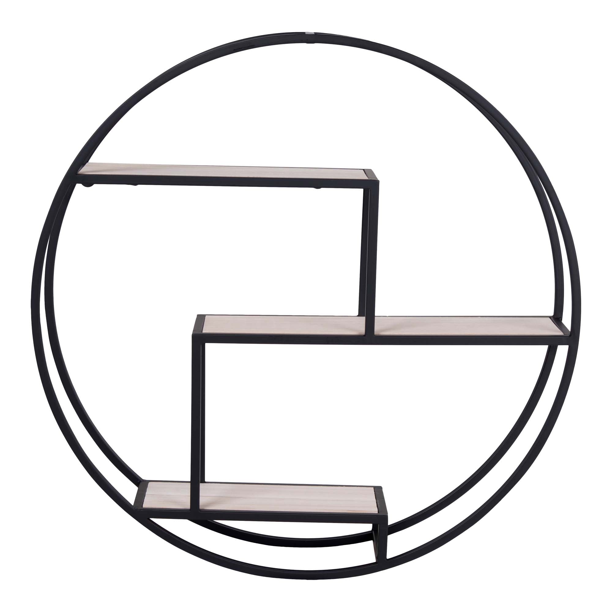 Étagère murale ronde Rotterdam cadre double anneau noir bois naturel vue de face fond blanc