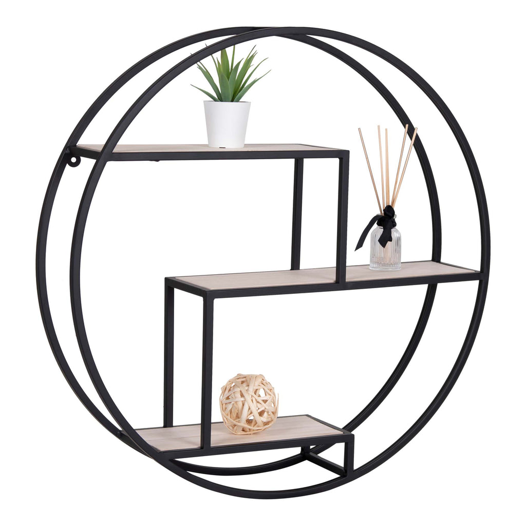 Étagère murale ronde Rotterdam acier noir bois naturel ø62 cm 3 niveaux avec objets déco