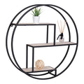 Étagère murale ronde Rotterdam acier noir bois naturel ø62 cm 3 niveaux avec objets déco