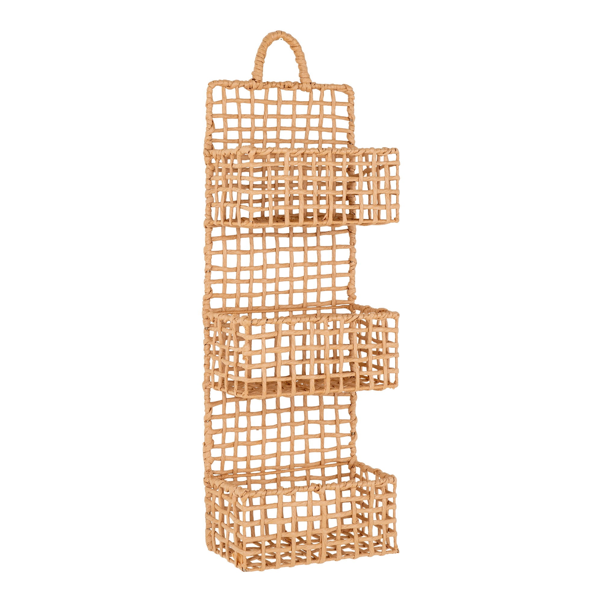 Étagère murale tressée Sines corde papier naturel 3 poches superposées 25x70 cm trois quarts