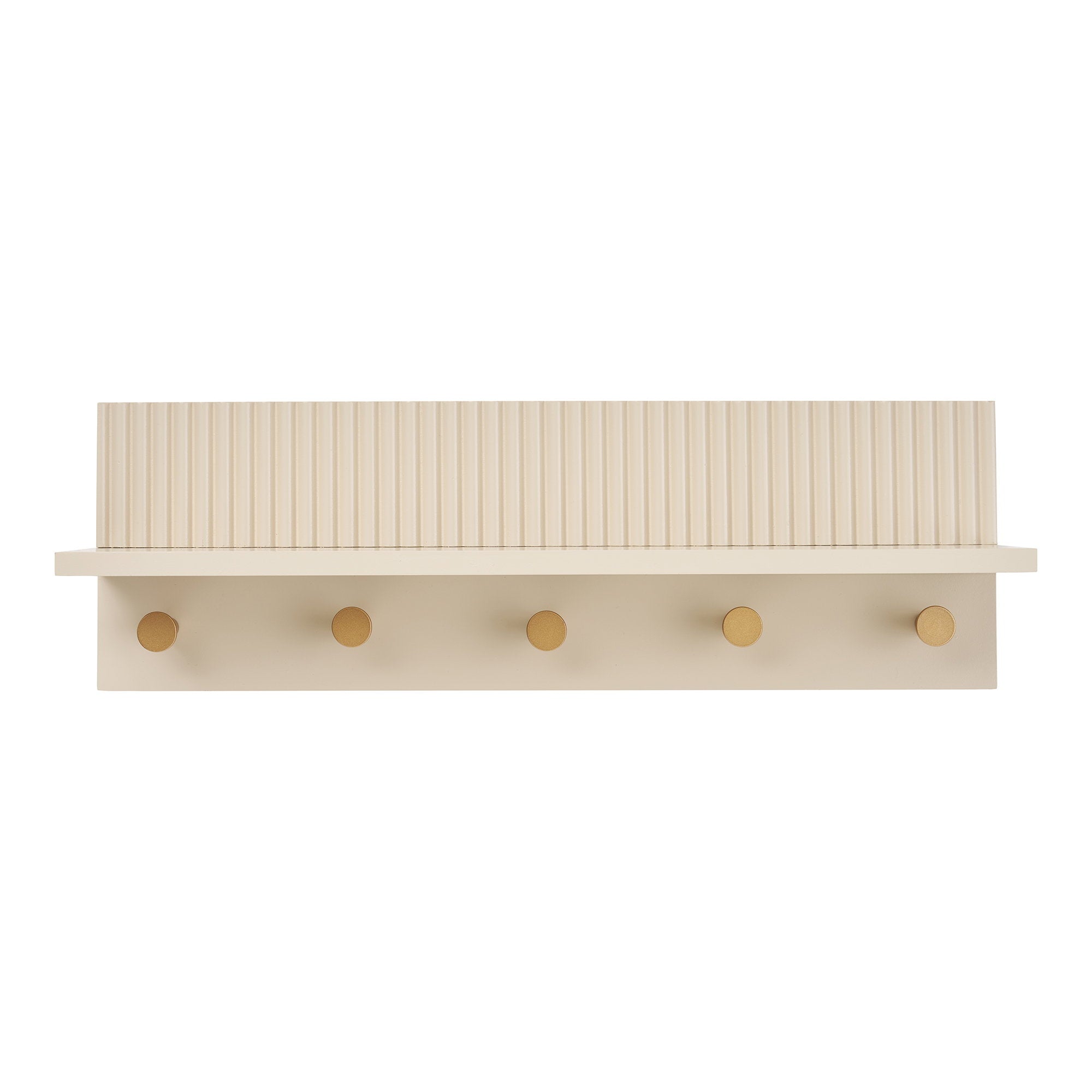 Étagère porte-manteau Rocca MDF beige cannelé 5 patères laiton 50 cm vue de face