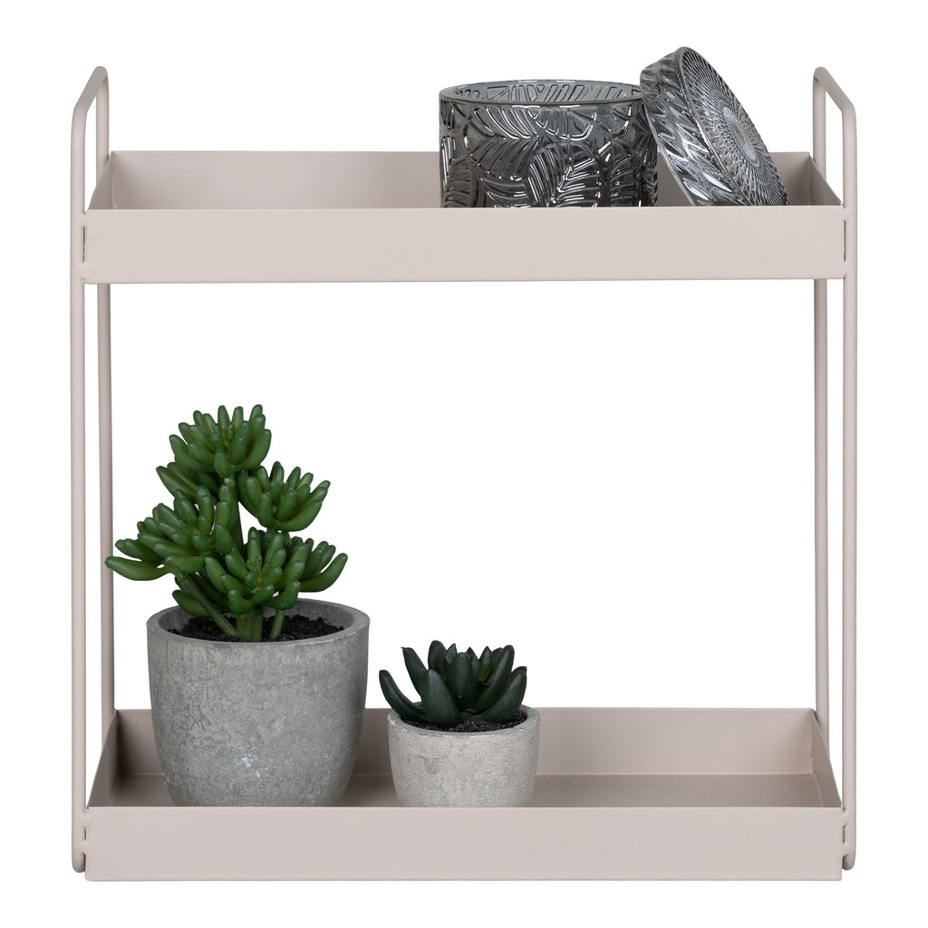 Étagère double Rabo sable avec succulentes et photophores verre fumé vue de face