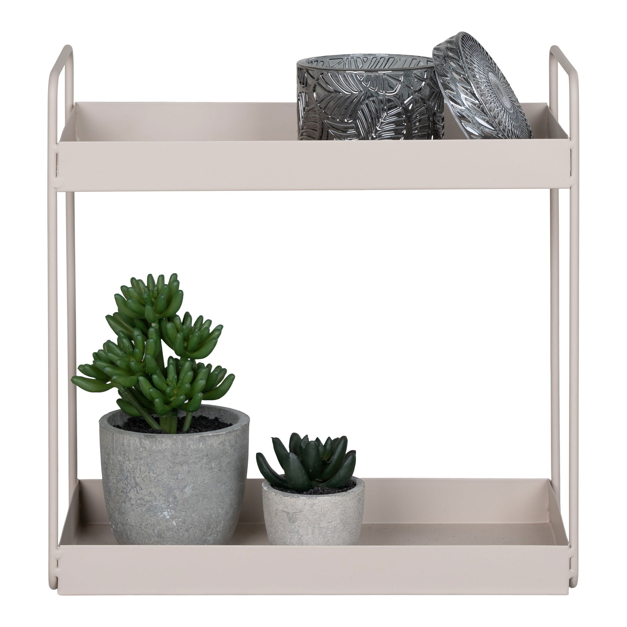 Étagère double Rabo sable avec succulentes et photophores verre fumé vue de face