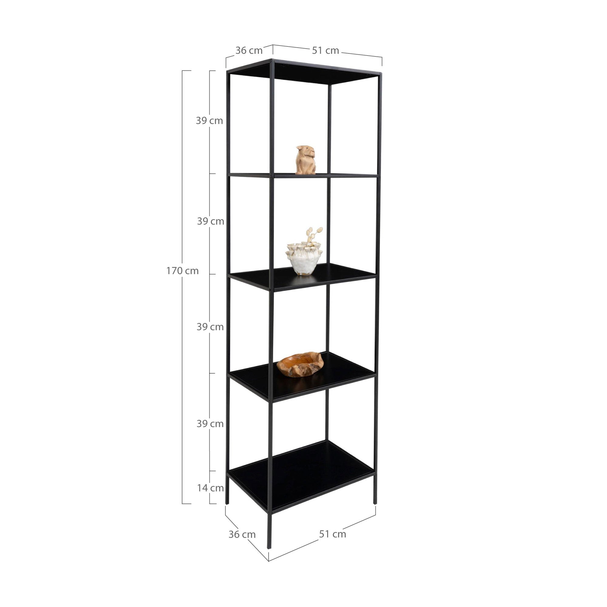 Étagère Vita noire étroite dimensions 51x36x170 cm schéma cotation