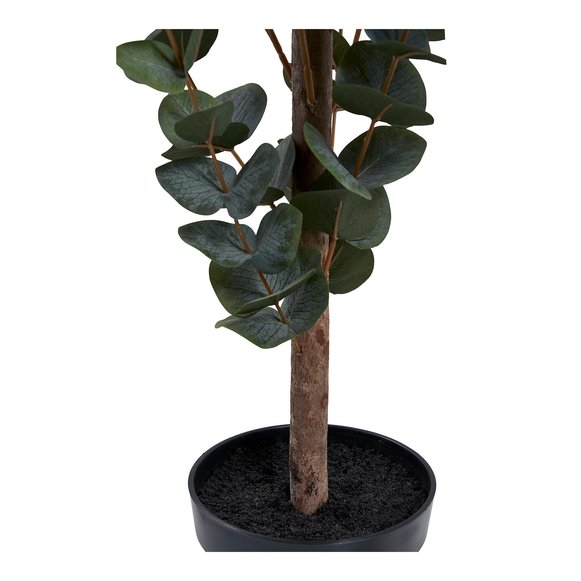 Détail tronc texturé et base ciment arbre artificiel eucalyptus pot noir