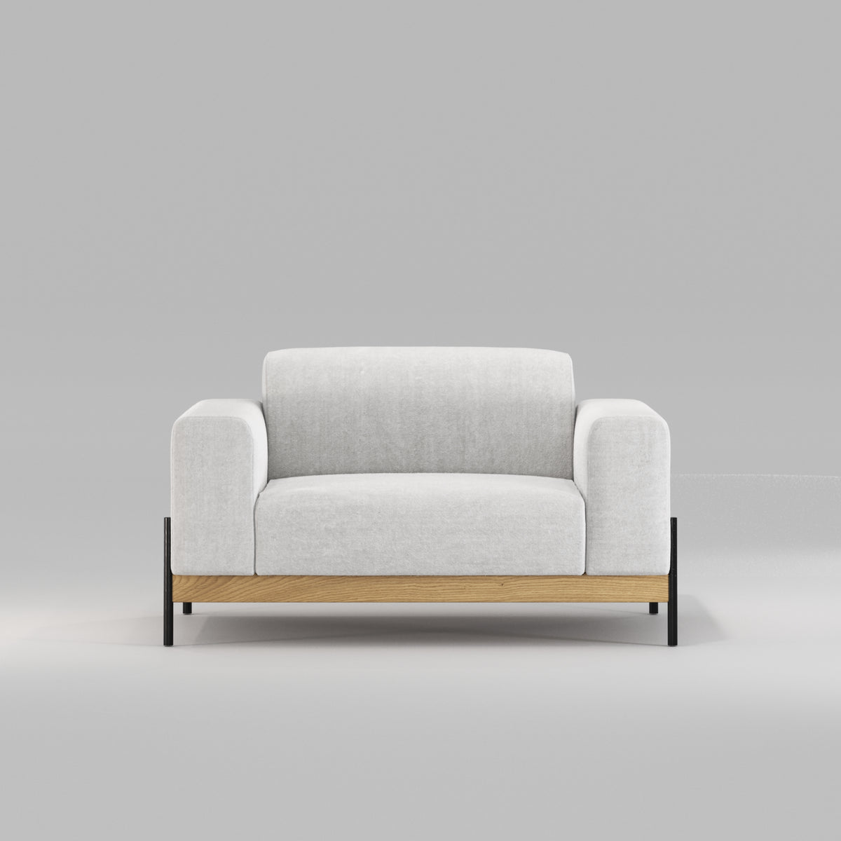 Fauteuil Bowie en chêne et tissu gris clair vu de face