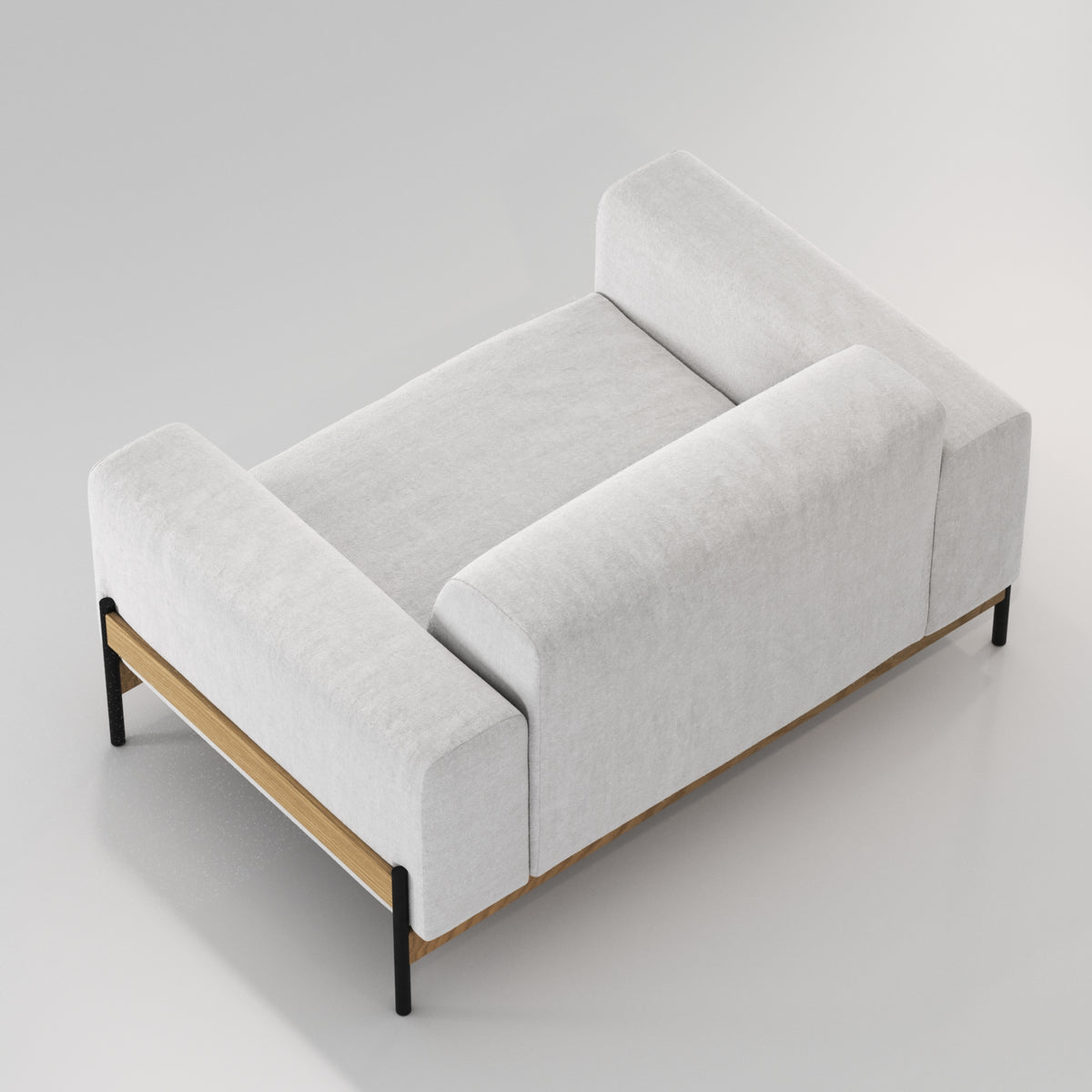 Fauteuil Bowie en chêne et tissu gris clair vu en plongée