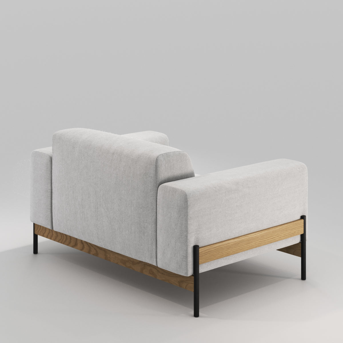 Fauteuil Bowie en chêne et tissu gris clair vu de trois quarts arrière, de près