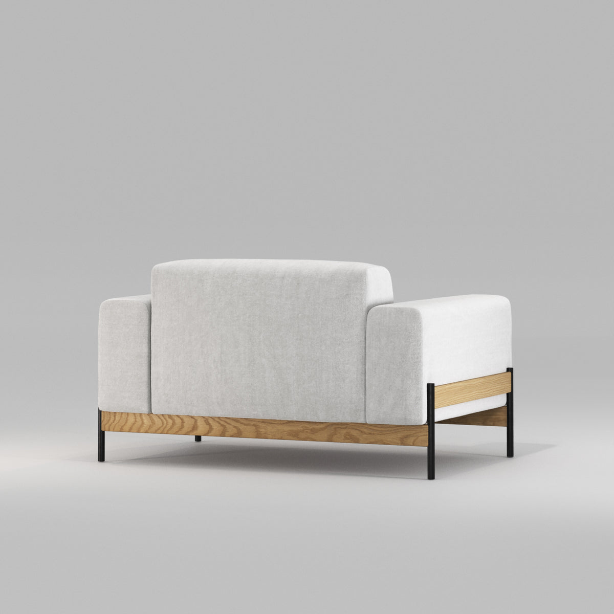 Fauteuil Bowie en chêne et tissu gris clair vu de trois quarts arrière