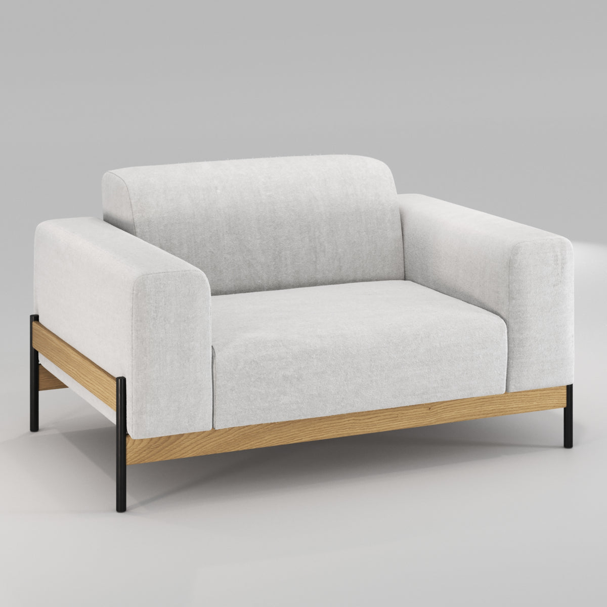 Fauteuil Bowie en chêne et tissu gris clair vu de trois quarts, de près