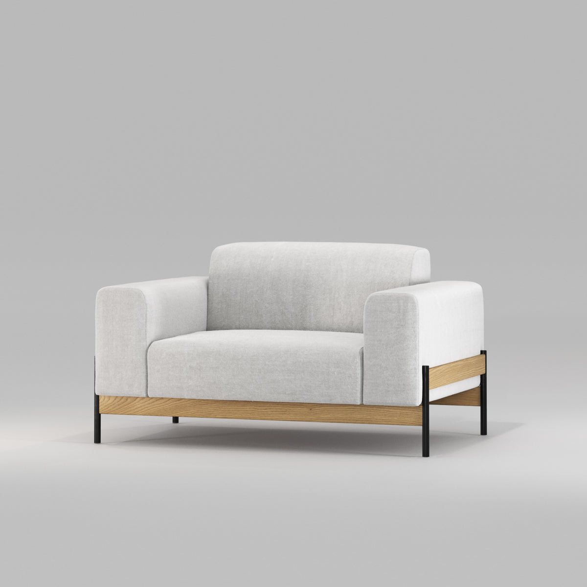 Fauteuil Bowie en chêne et tissu gris clair vu de trois quarts