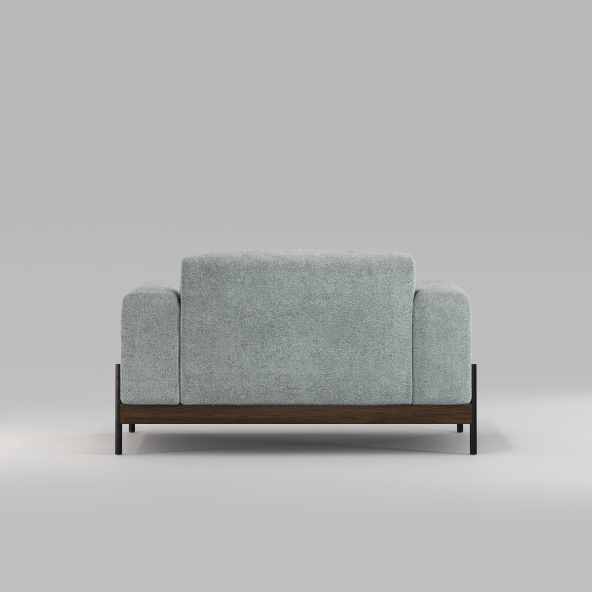 Fauteuil Bowie en noyer et tissu gris-vert vu de dos