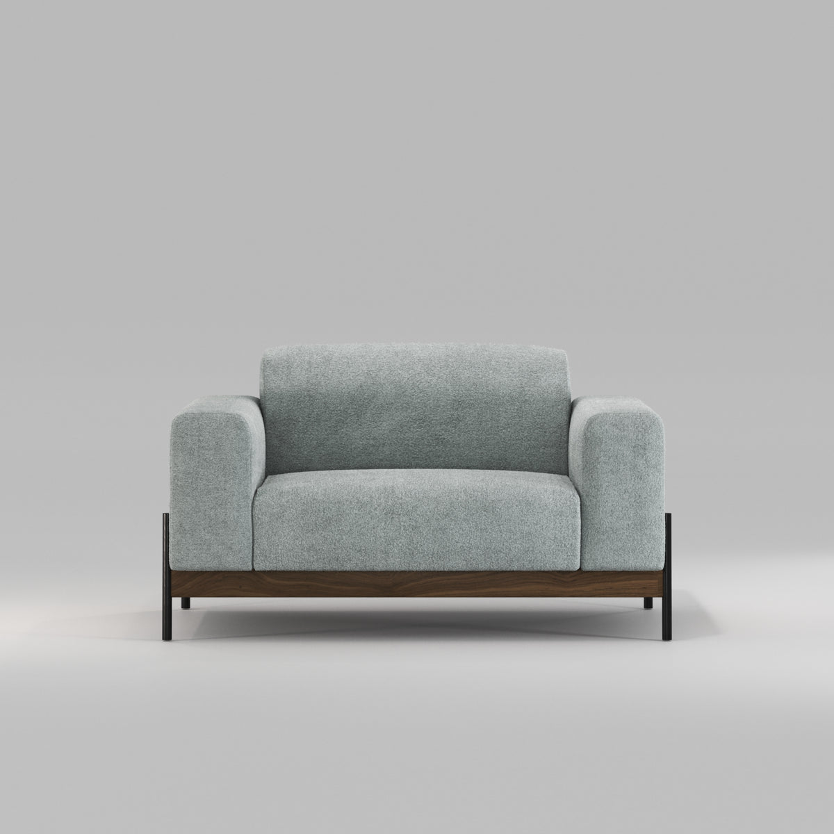 Fauteuil Bowie en noyer et tissu gris-vert vu de face