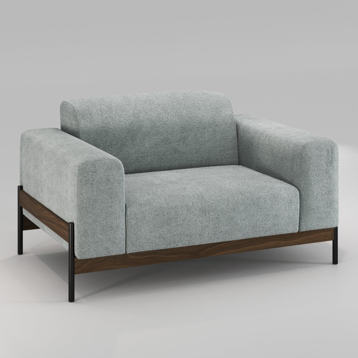 Fauteuil Bowie en noyer et tissu gris-vert vu de trois quarts, de près
