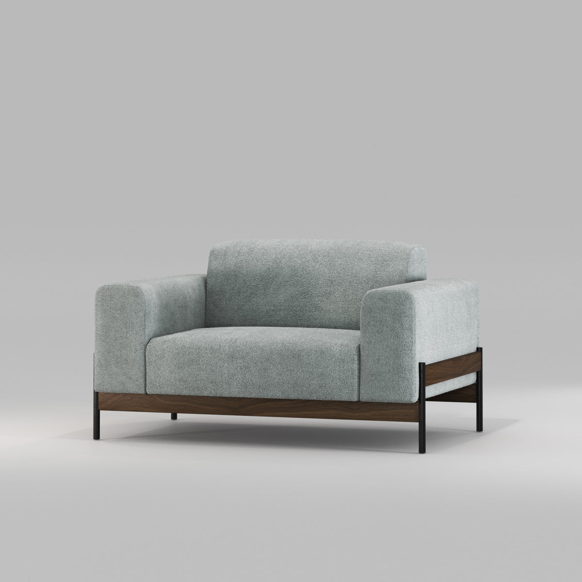 Fauteuil Bowie en noyer et tissu gris-vert vu de trois quarts
