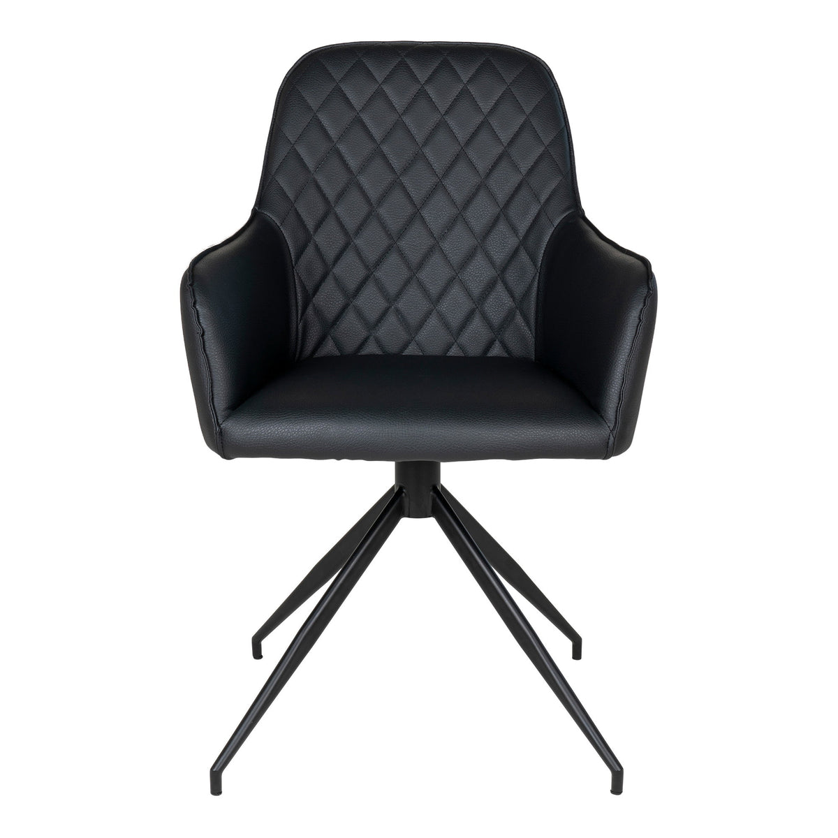 Fauteuil Harbo pivotant simili cuir noir mat vu de face avec ses accoudoirs et son pied à quatre branches