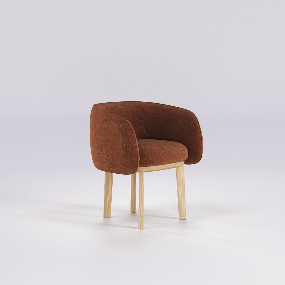 Fauteuil de table Nido en chêne et tissu rouille vu de trois quarts