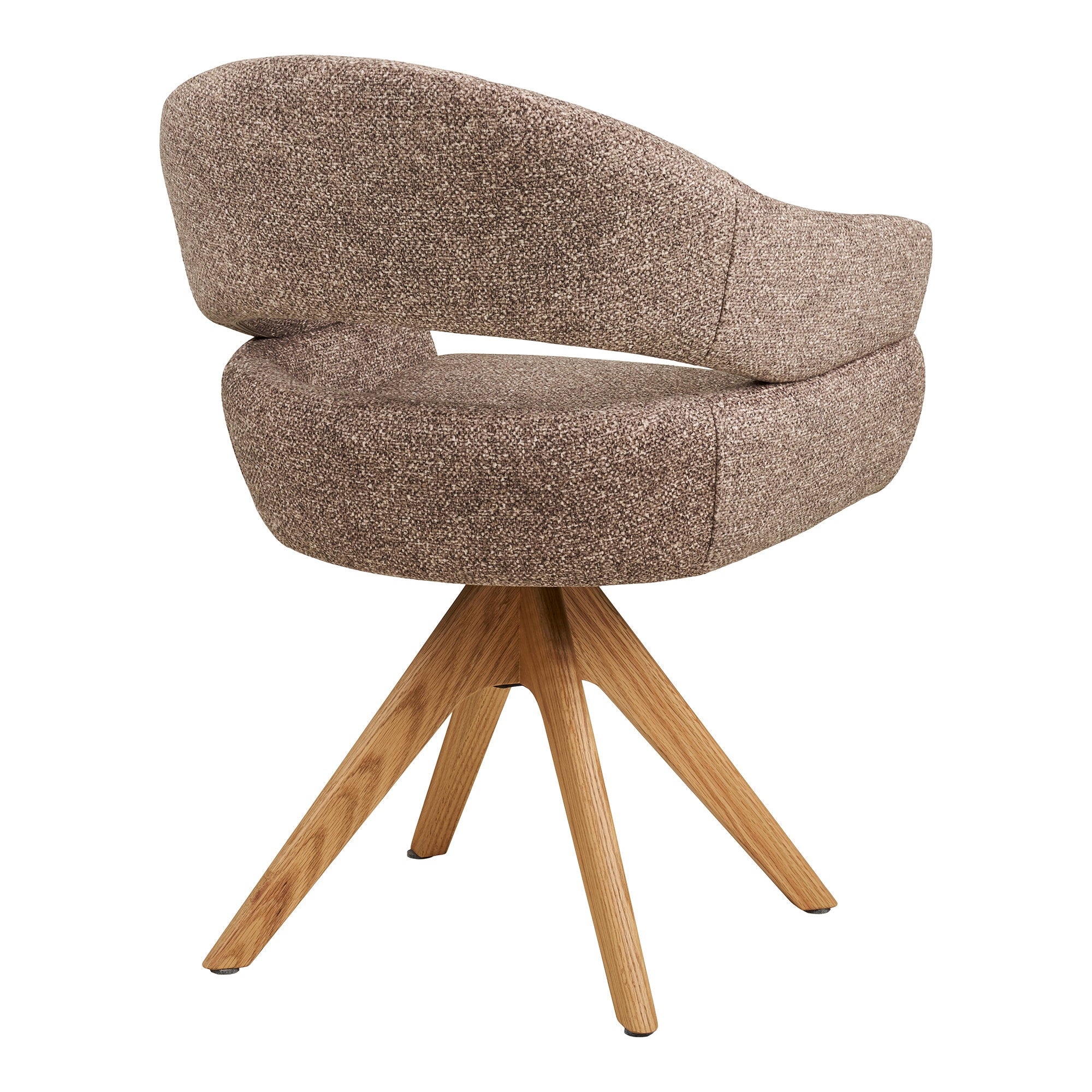 Fauteuil pivotant Dover bouclé brun vue arrière trois quarts dossier arc ouvert chêne naturel