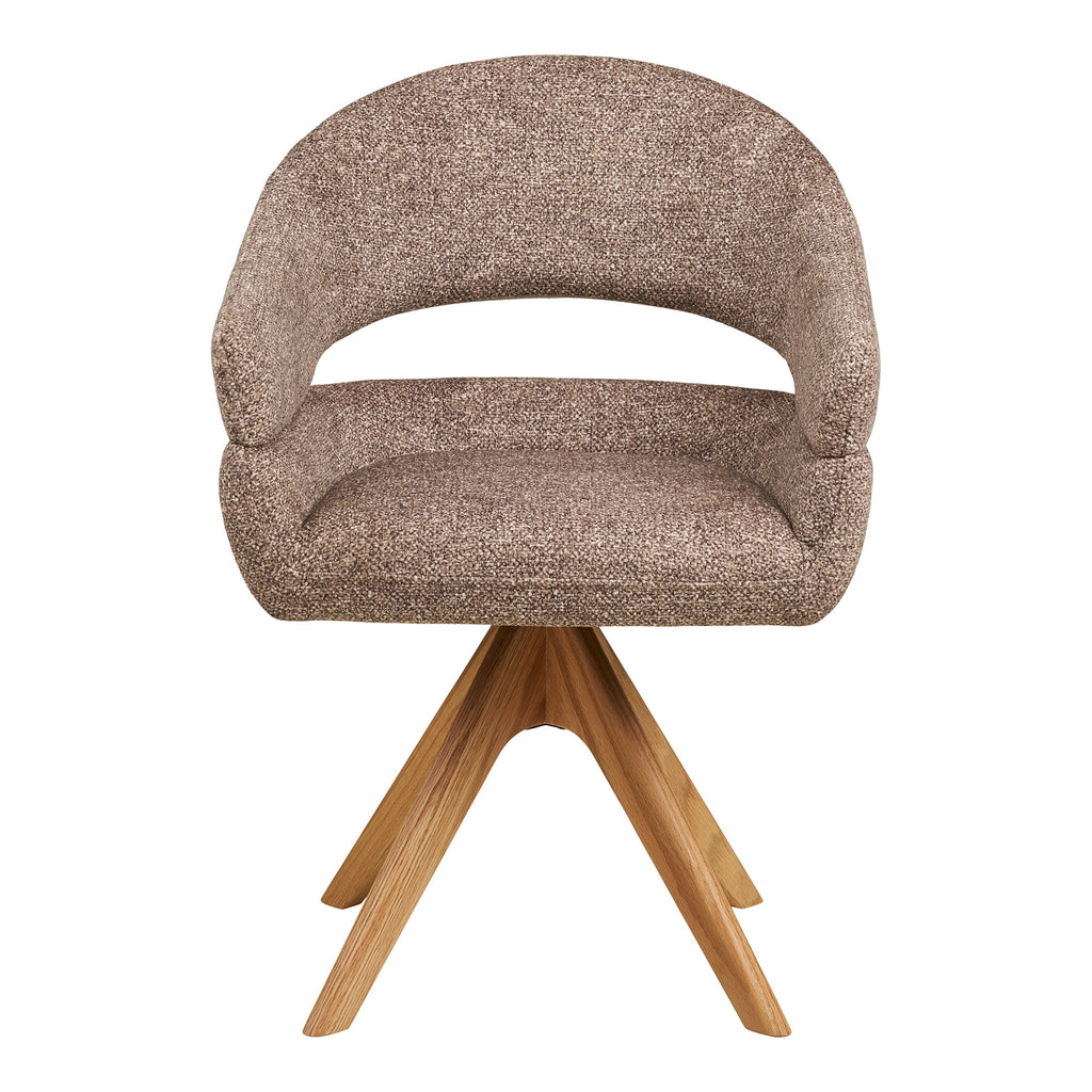 Fauteuil pivotant Dover bouclé brun vue de face coque enveloppante piètement chêne naturel