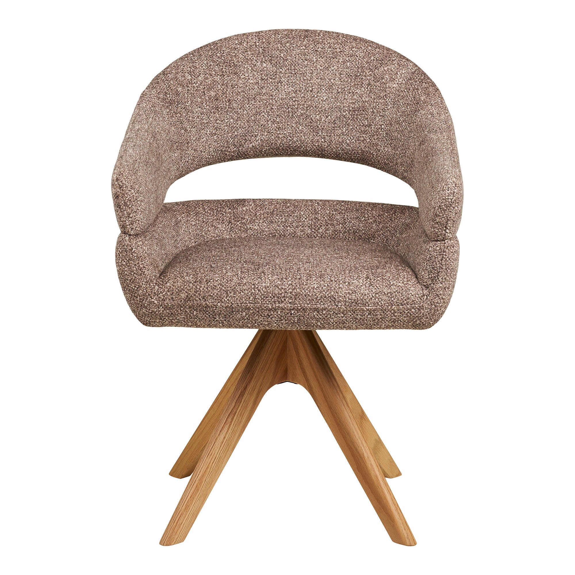 Fauteuil pivotant Dover bouclé brun vue de face coque enveloppante piètement chêne naturel