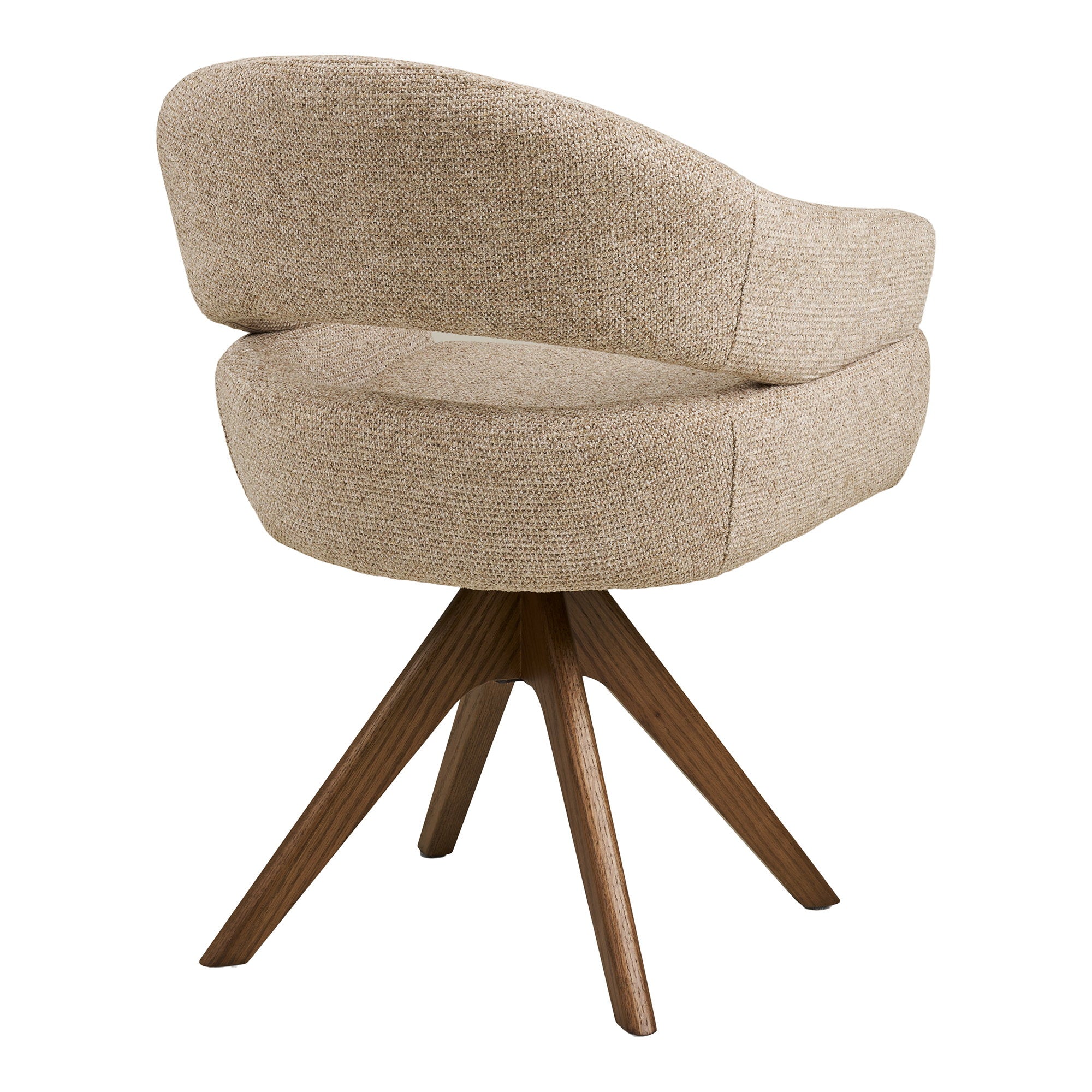 Fauteuil pivotant Dover bouclé sable vue arrière trois quarts dossier arc ouvert chêne teinté brun