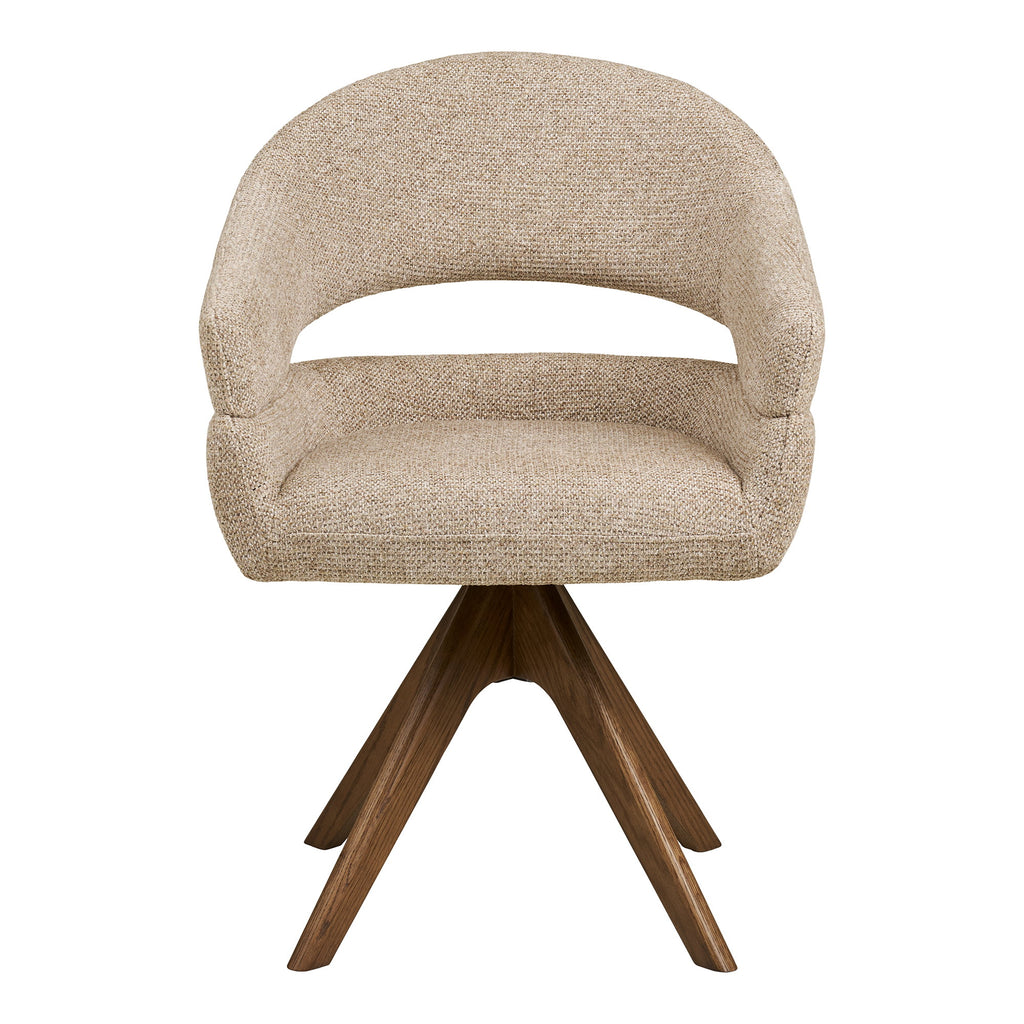 Fauteuil pivotant Dover bouclé sable naturel vue de face coque enveloppante pieds chêne brun