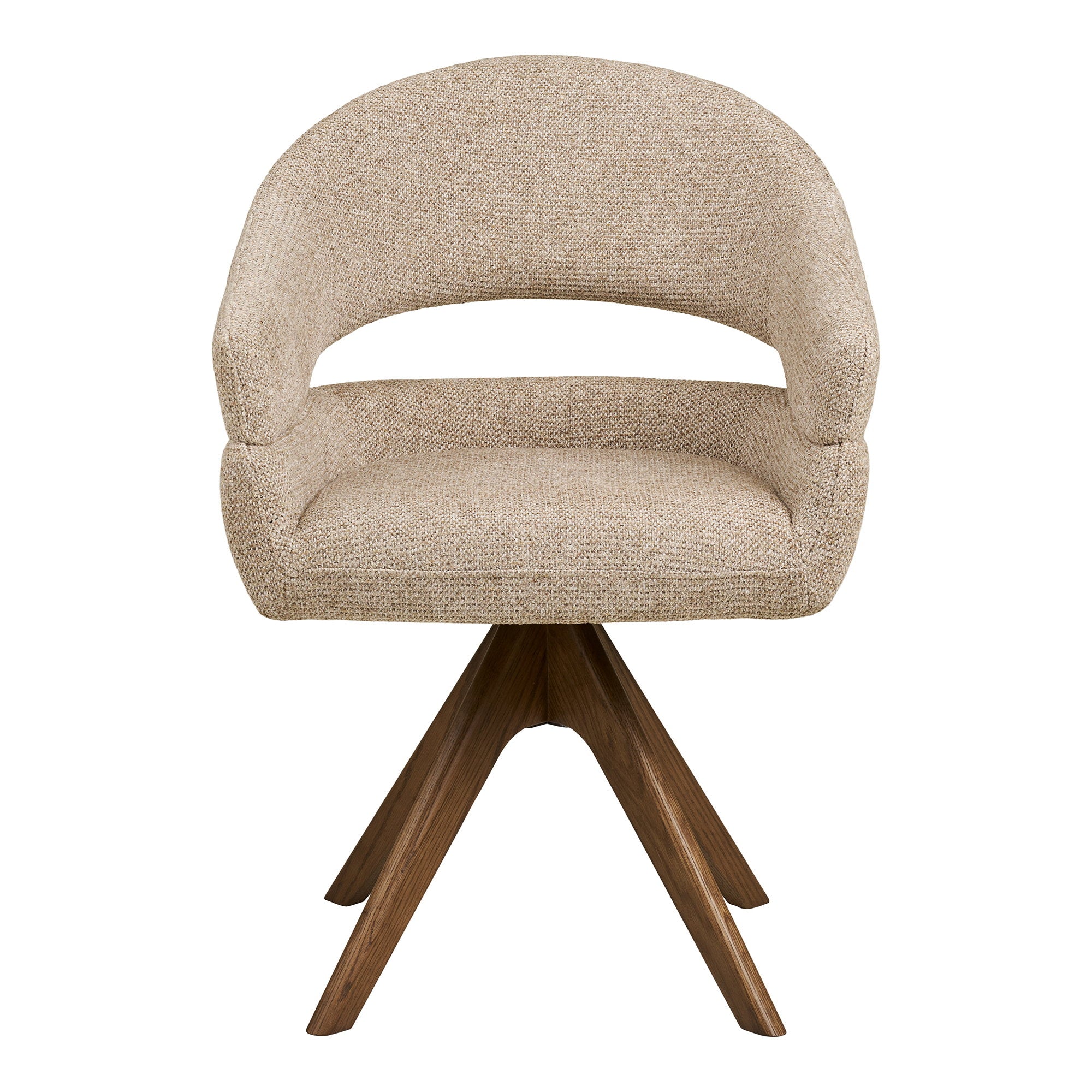 Fauteuil pivotant Dover bouclé sable naturel vue de face coque enveloppante pieds chêne brun
