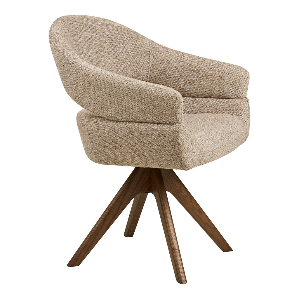 Fauteuil Dover bouclé sable vue trois quarts avant accoudoirs intégrés piètement chêne brun
