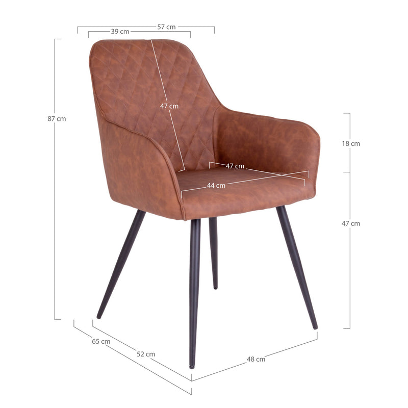 Dimensions Harbo Dining Chair – Quilted Vintage Cognac Brown Leather & Black Legs – Set of 2