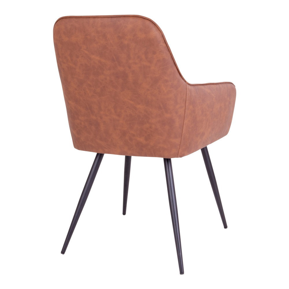 Vue arrière fauteuil Harbo cognac – PU cuir vintage patine naturelle et pieds métal noir