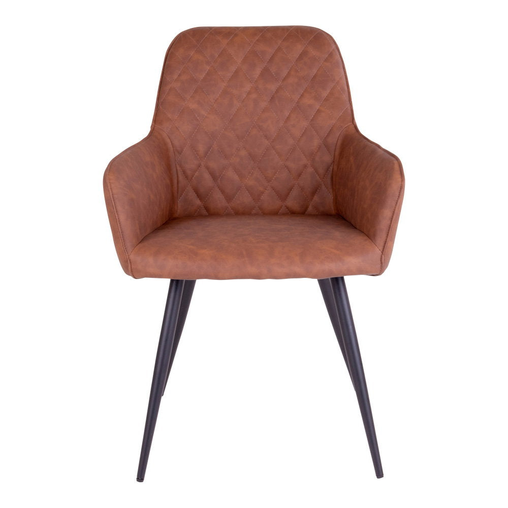 Fauteuil Harbo cognac vue de face – piqûre matelassée losanges et accoudoirs rembourrés