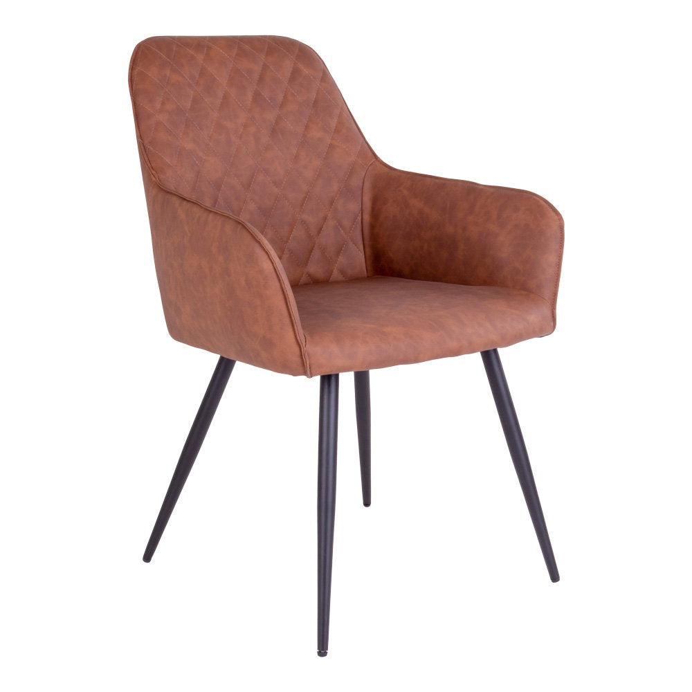 Fauteuil de salle à manger Harbo simili cuir cognac vintage matelassé losanges pieds métal noir vue 3/4
