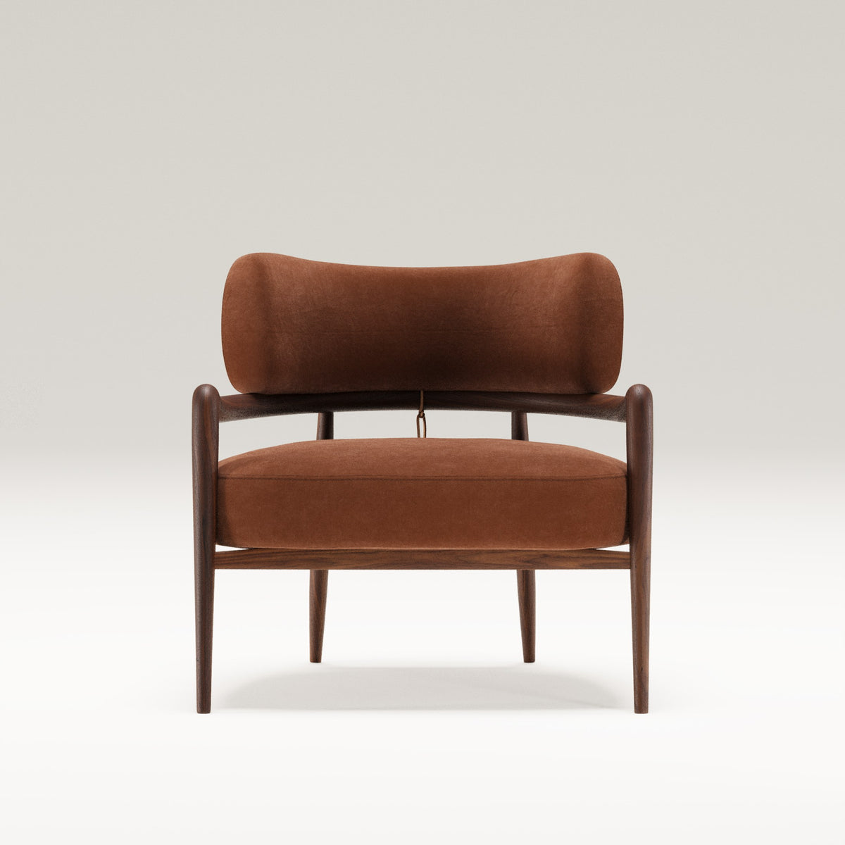 Fauteuil lounge Botero en noyer et cuir cognac vu de face