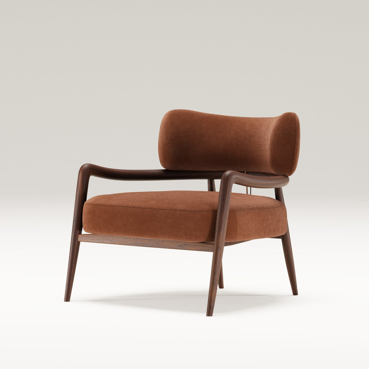Fauteuil lounge Botero en noyer et cuir cognac vu de trois quarts