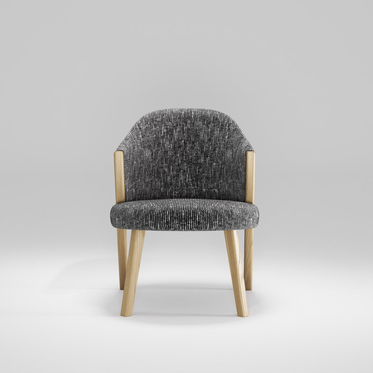Fauteuil lounge Caravela en chêne et tissu chiné noir vu de face