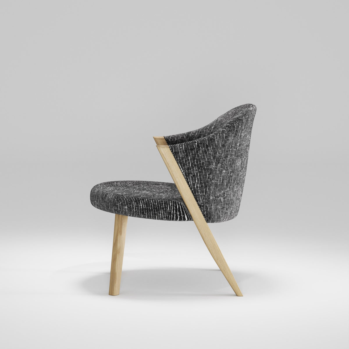 Fauteuil lounge Caravela en chêne et tissu chiné noir vu de profil