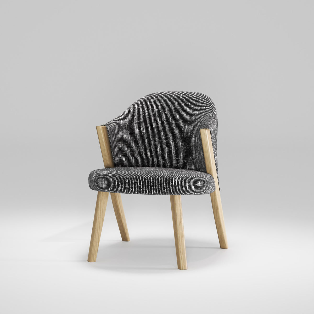Fauteuil lounge Caravela en chêne et tissu chiné noir vu de trois quarts