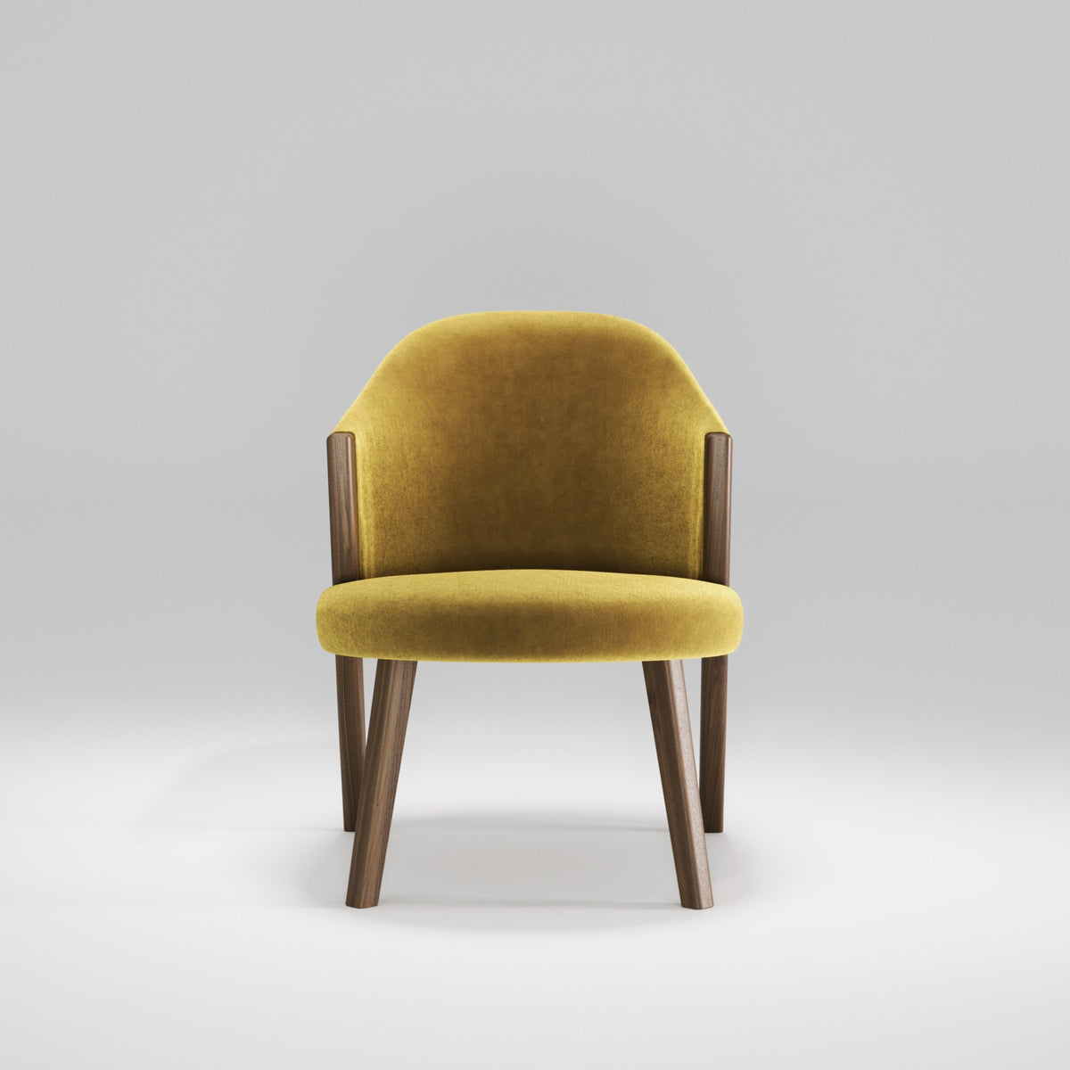 Fauteuil lounge Caravela en noyer et tissu moutarde vu de face