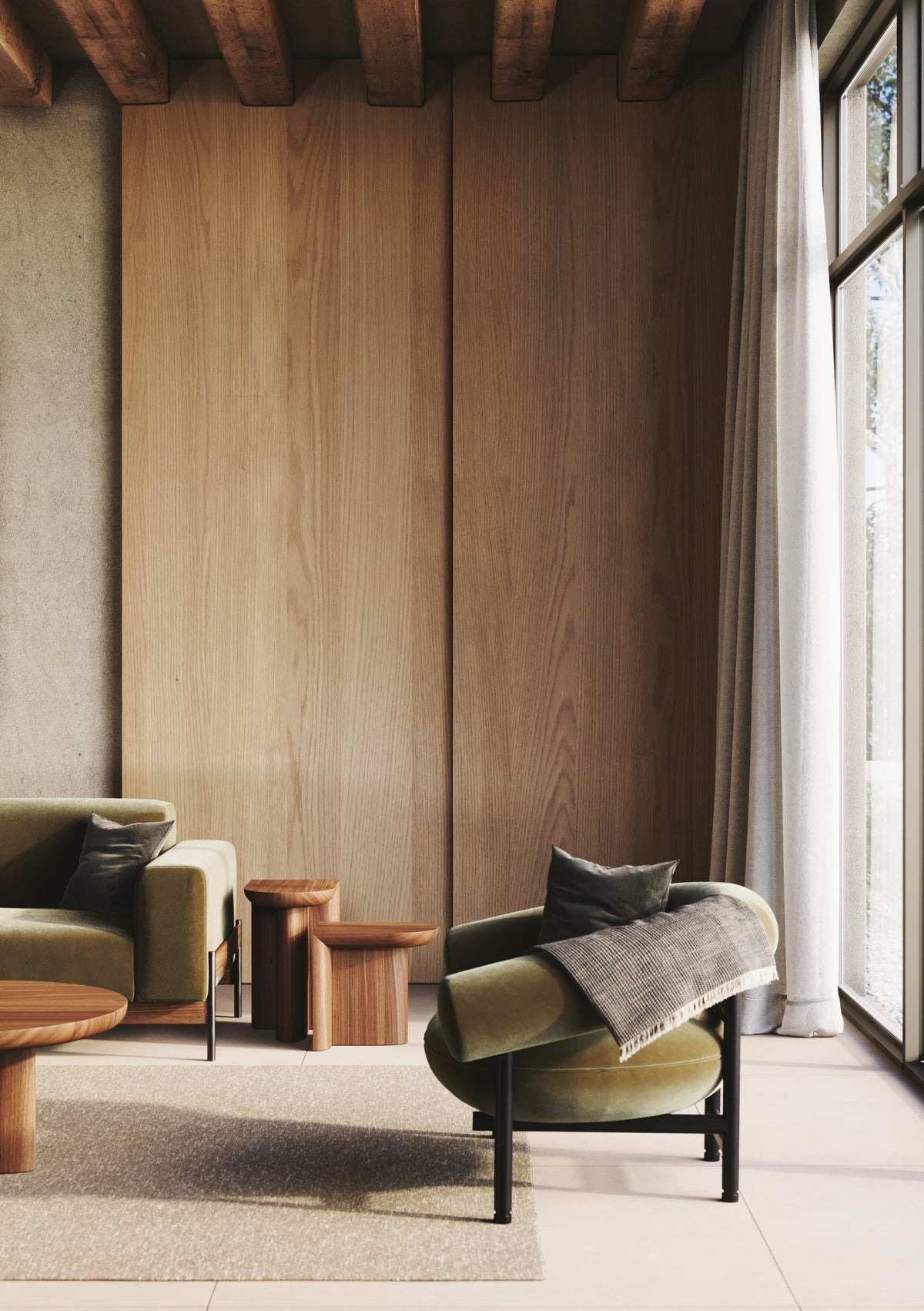 Fauteuil lounge Loop en tissu vert olive sur structure noire, près d'une baie vitrée