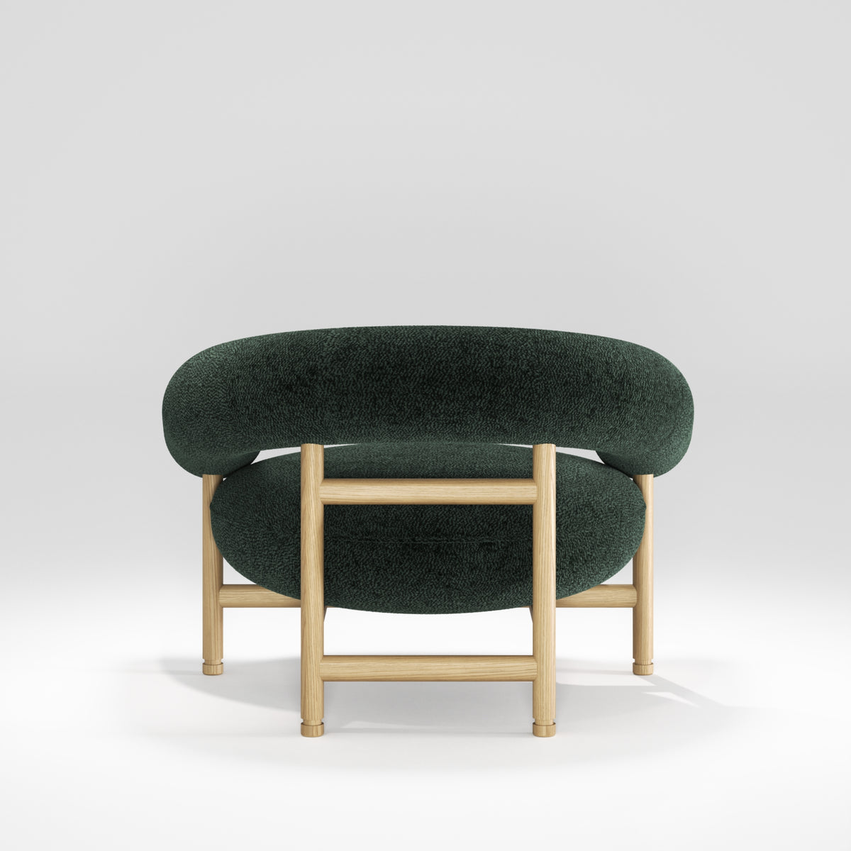 Fauteuil lounge Loop en chêne et tissu vert forêt vu de dos
