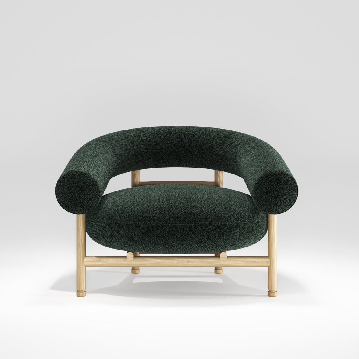 Fauteuil lounge Loop en chêne et tissu vert forêt vu de face