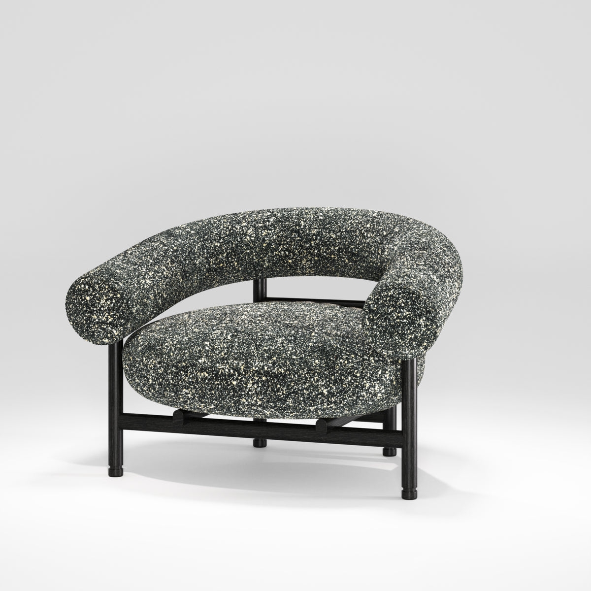 Fauteuil lounge Loop en chêne noir et tissu moucheté vu de trois quarts