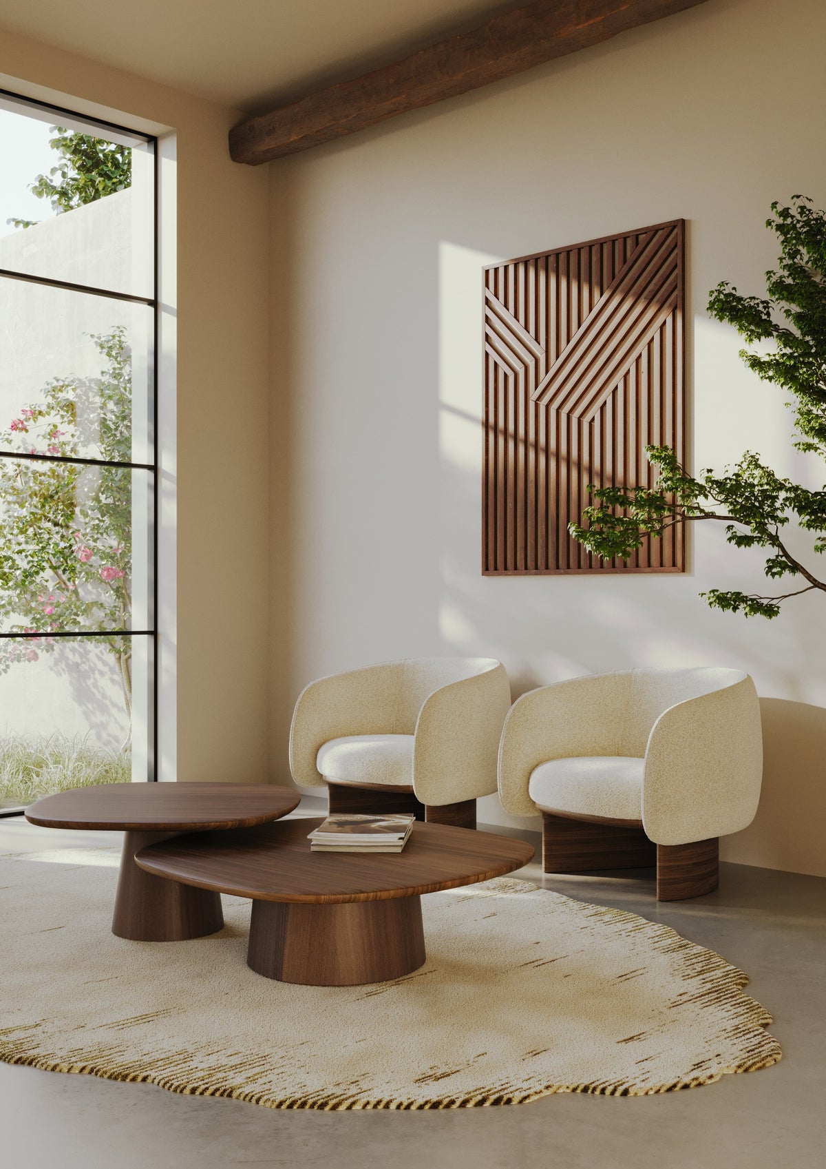 Fauteuils lounge Nido en tissu crème dans un salon, autour d'une table basse