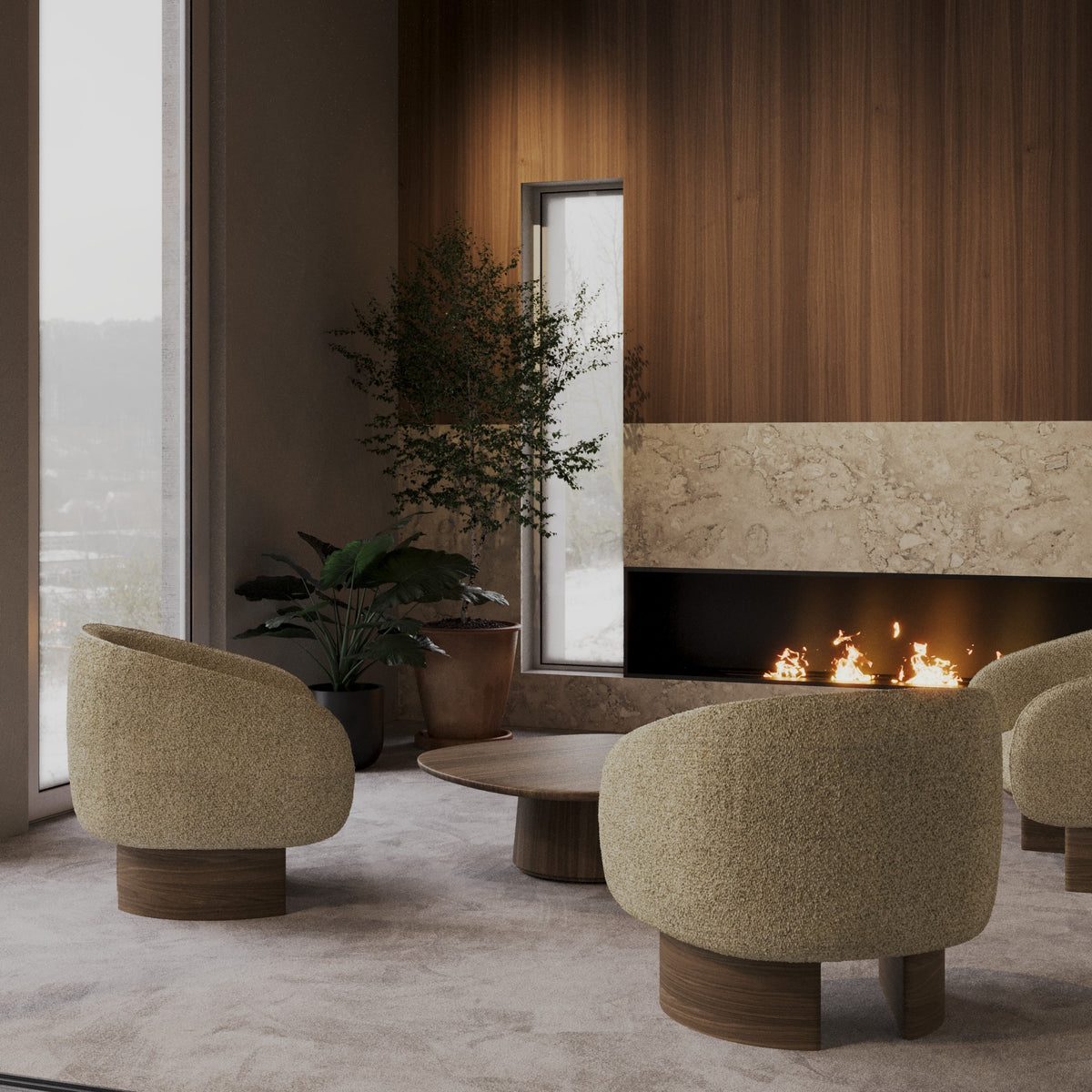 Fauteuils lounge Nido en tissu sable devant une cheminée