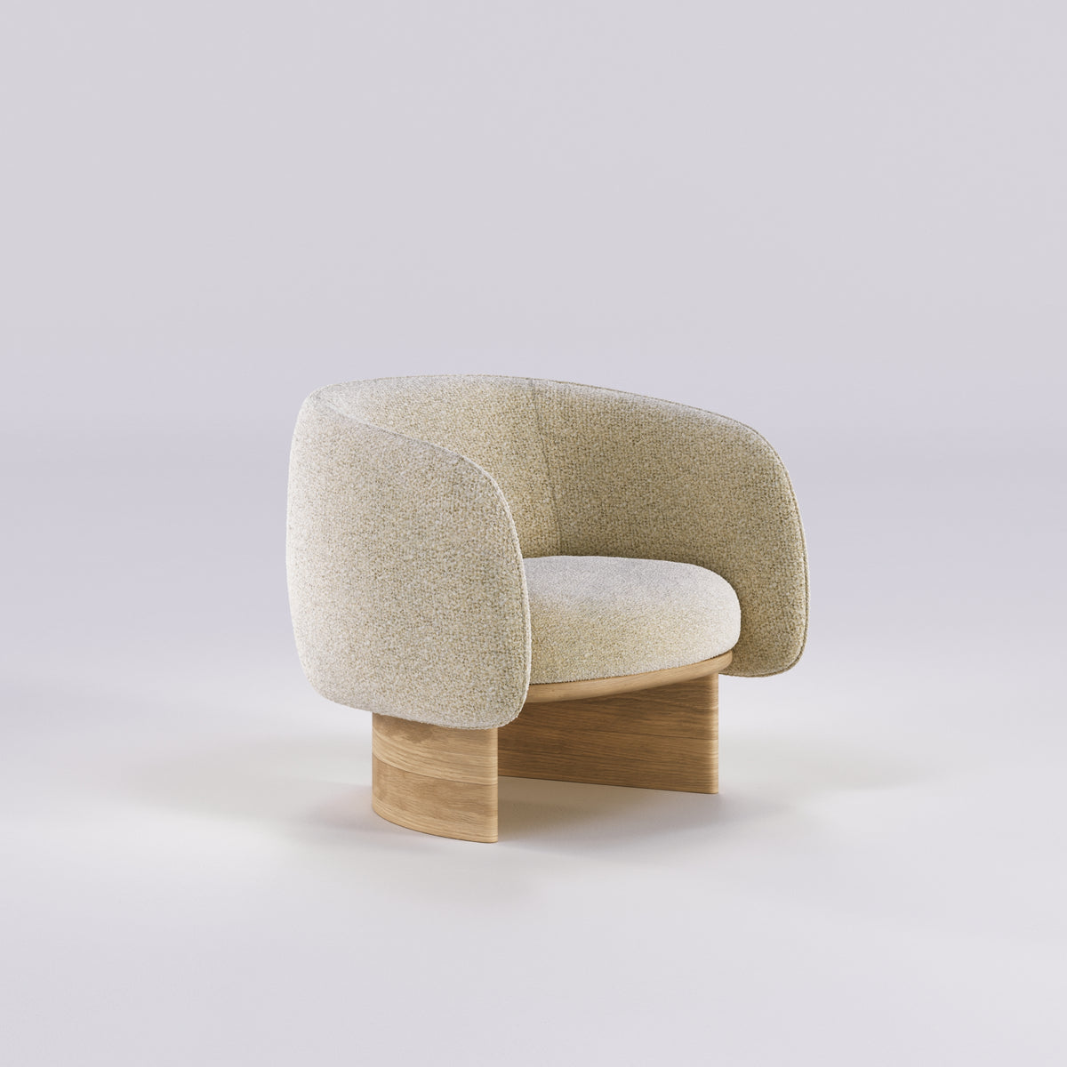 Fauteuil lounge Nido en chêne et tissu écru vu de trois quarts
