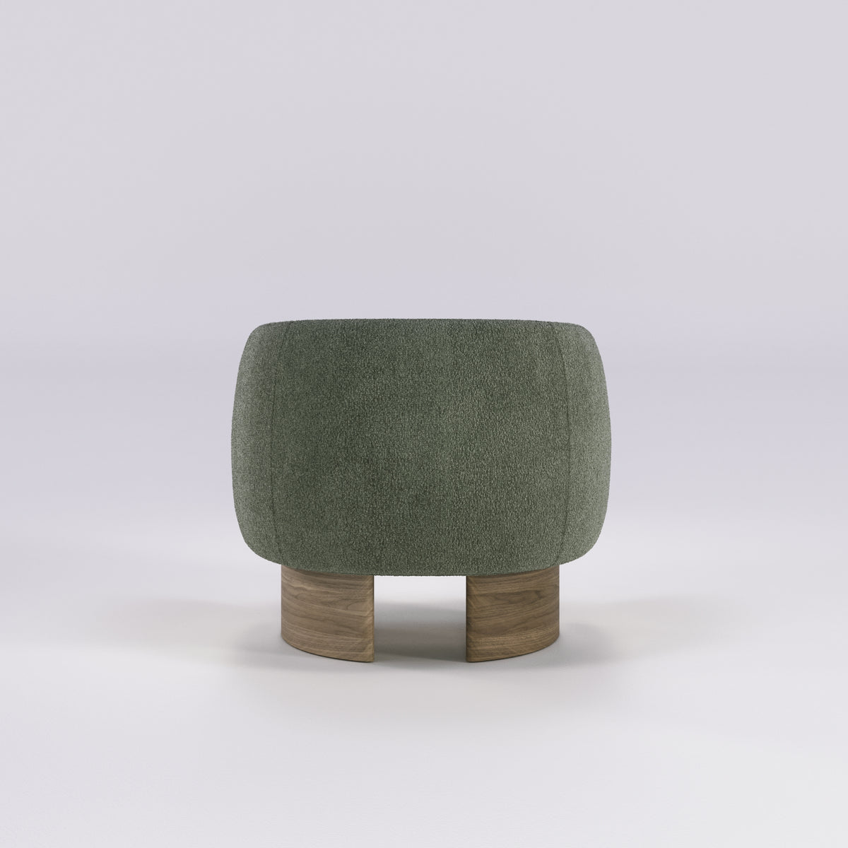 Fauteuil lounge Nido en noyer et tissu vert sauge vu de dos