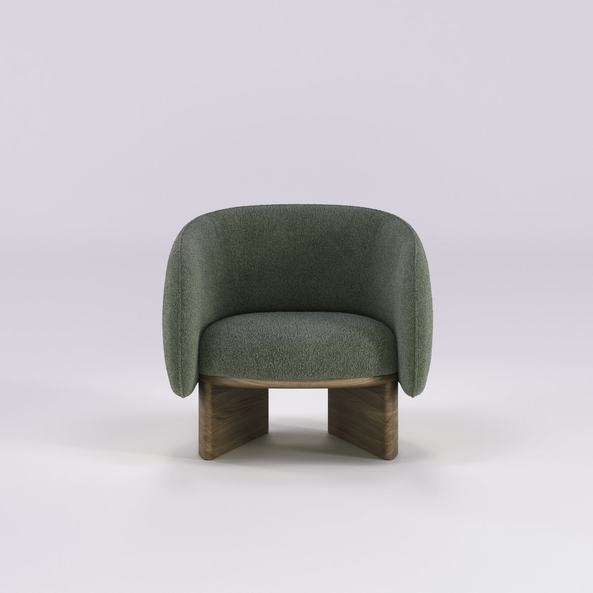 Fauteuil lounge Nido en noyer et tissu vert sauge vu de face